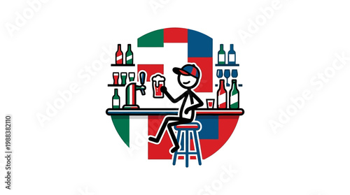 Cartoon Stick Figure Enjoying a Pint of Beer at the Bar.