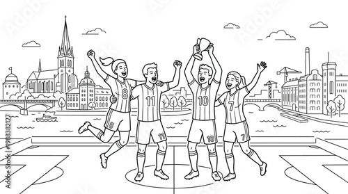 Celebrating Soccer Team Holding Trophy After Winning Championship Game.