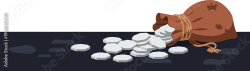 Money bag with scattered silver coins on dark surface illustrating financial concept of wealth and business investment.