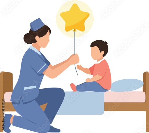 Nurse interacting with young patient in hospital bed giving medicine or injection with care and reassurance.