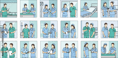 Nurses and doctors in hospital settings interacting with patients and medical equipment in various scenes.