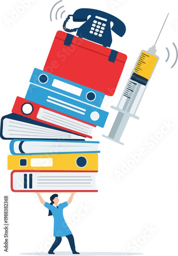 Overloaded nurse carrying stack of medical books, folders, phone and syringe, struggling with administrative work, health care system burden.