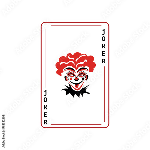 Joker playing card vector illustration. Vintage style deck character with creepy smiling clown face for gambling, casino and magic game design.
