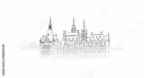 Sketch of ornate historical building with spires and reflection