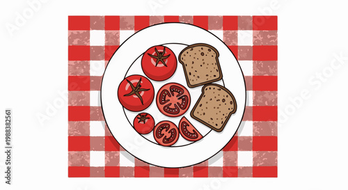 Slices of tomato and toast arranged on a white plate on a checkered tablecloth