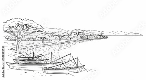 Line drawing of boats on a sandy shore with acacia trees and hills