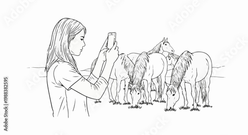 Line art drawing of a woman taking a photo of horses grazing outdoors