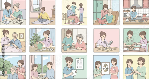 Set of storyboard illustrations depicting various home care services for elderly provided by professional nursing staff.