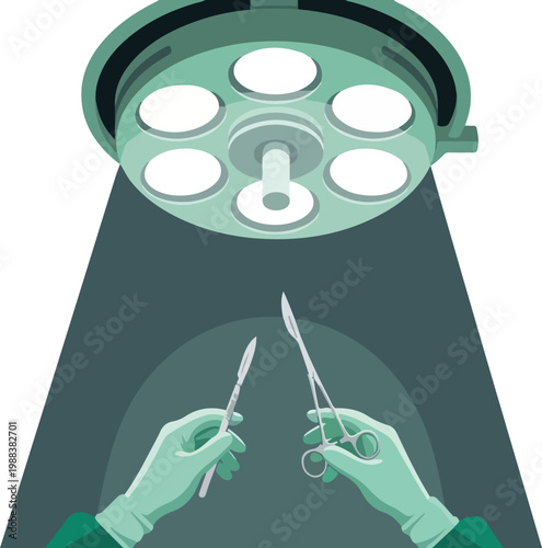Surgeon hands in medical gloves holding scalpel and forceps under bright operating theater lamp during hospital surgery.