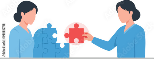 Two female medical professionals working together to solve problems by connecting blue and red jigsaw puzzle pieces art.