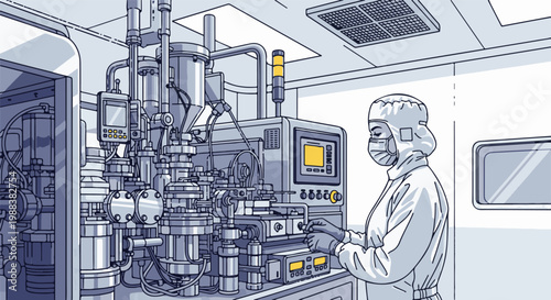 Scientist in cleanroom suit operates complex machinery in sterile lab