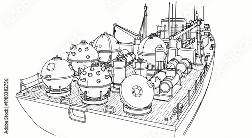 Ship deck with various naval mines and cylindrical equipment, detailed line art