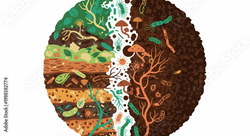 Colorful illustration of soil layers teeming with diverse micro-organisms and plant roots