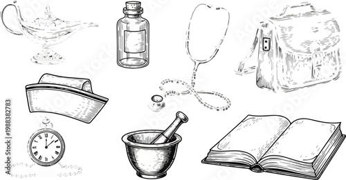 Vintage medical equipment and accessories including stethoscope mortar and pestle lamp bottle and clock with nursing cap.