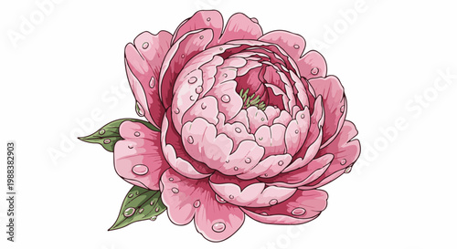 Close up of a pink peony flower with dew drops on petals