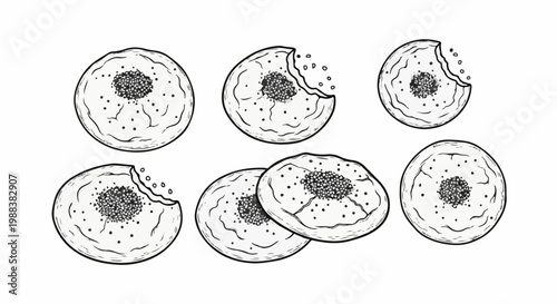Hand-drawn sketch of six round cookies with textured centers and speckled toppings