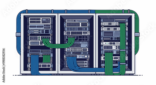 Illustration of three computer server racks connected by cables