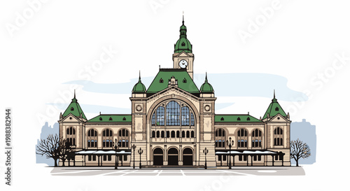 Elaborate historical building with green domed roofs and a central clock tower