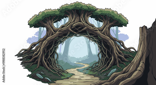 Pixel art portal formed by ancient, gnarled tree roots and canopy leads to a misty forest path