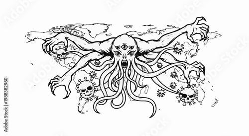Monstrous entity with tentacles over world map, surrounded by virus-skulls