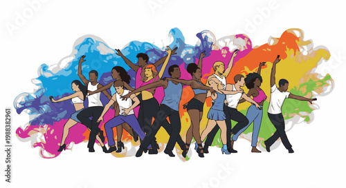 Diverse group of dancers in dynamic poses against colorful abstract background