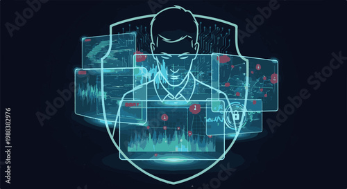 Futuristic man interacts with glowing digital security shield and data screens