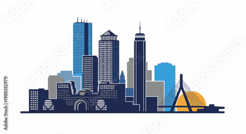 Stylized skyline with tall buildings, bridge, and sun