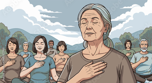 Diverse group meditating peacefully outdoors on a cloudy day