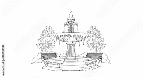 Elaborate tiered fountain with dripping water, flanked by trees and benches