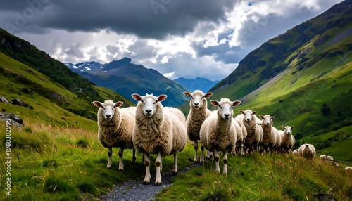 Group of fluffy sheep standing on a green grassy hillside with mountains and cloudy sky. A flock is visible in the distance