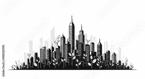 Stylized black and white silhouette of a city skyline with growing plants