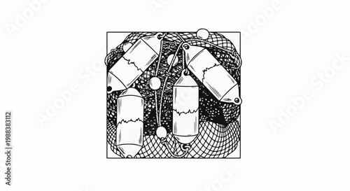 Fishing net with four cylindrical buoys and small spherical floats