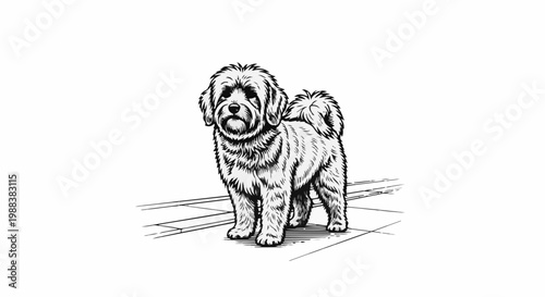 Black and white drawing of a fluffy small dog standing on a tiled path