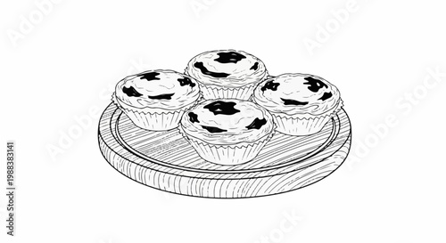 Four delicious-looking tarts arranged on a wooden board