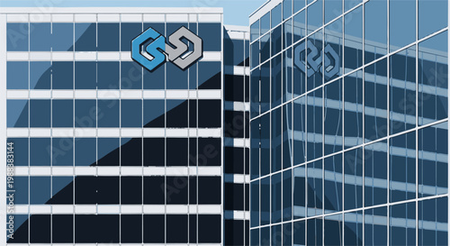 Modern office buildings with reflective blue glass facades and geometric logos