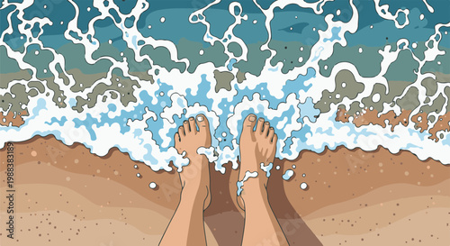 Bare feet step into shallow, foamy ocean waves on a sandy beach