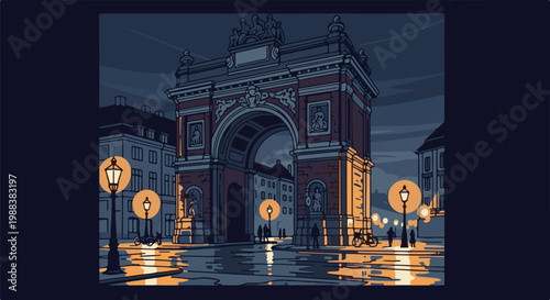 Nighttime cobblestone street with a grand archway illuminated by lanterns