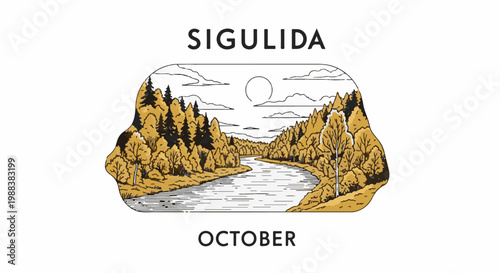 Autumnal forest landscape with river, sun and clouds, labeled "Sigulida October