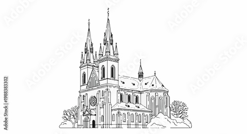 Ornate Gothic cathedral with twin spires and arched windows, rendered in outline