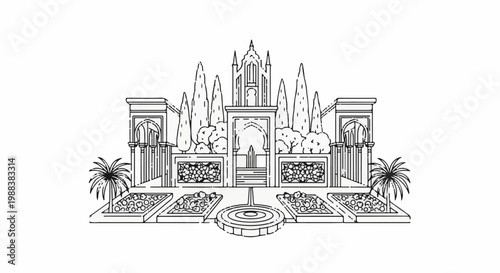 Ornate garden with fountain, archways, trees, and exotic plants