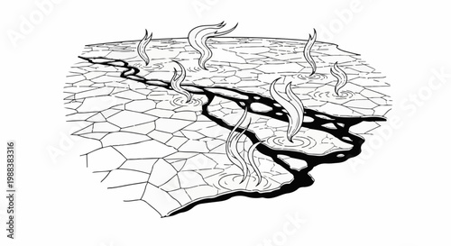 Cracking dry earth with dark rivers and steaming geysers