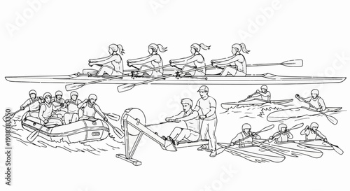 Diverse watercraft and activities depicted, from team rowing to kayaking and machine training