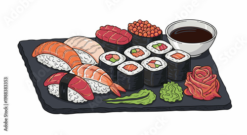 Assortment of delicious sushi rolls and nigiri on a slate platter