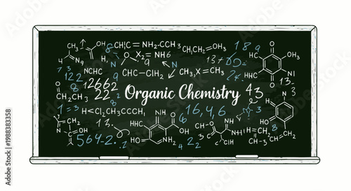 Organic Chemistry equations and structures sketched on a green blackboard
