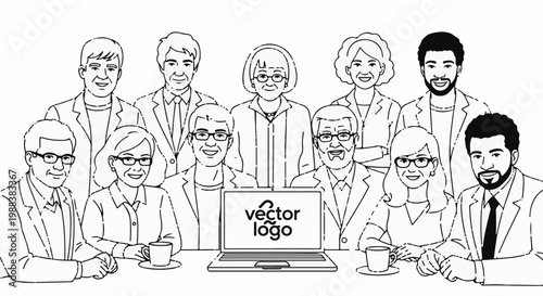 Diverse group of professionals gathered around a table with a laptop