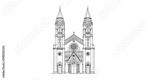Ornate twin-towered cathedral facade sketch