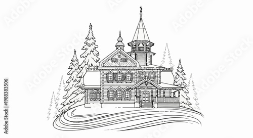 Ornate wooden house with intricate details, surrounded by evergreen trees on a snowy hill