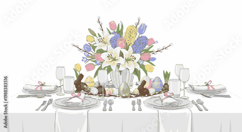 Elegant Easter dining table setting with floral centerpiece, eggs, and chocolates