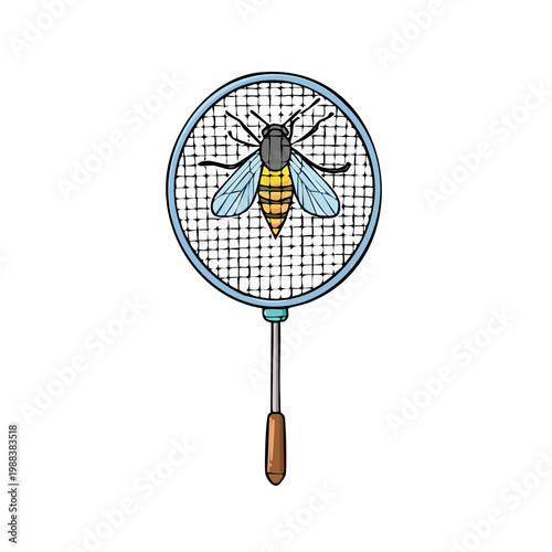 Bee trapped in a butterfly net with colorful wings and yellow and black stripes