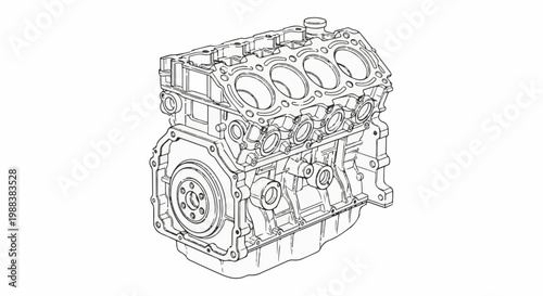 Detailed line drawing of a car engine block with multiple cylinders and a flywheel